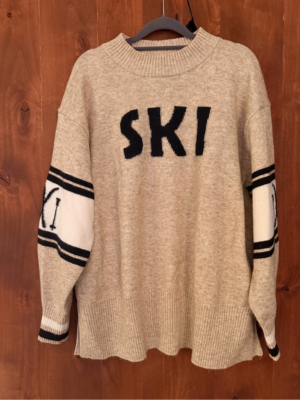 Lou & Grey Beige Crewneck Sweater with Black 'SKI' Lettering